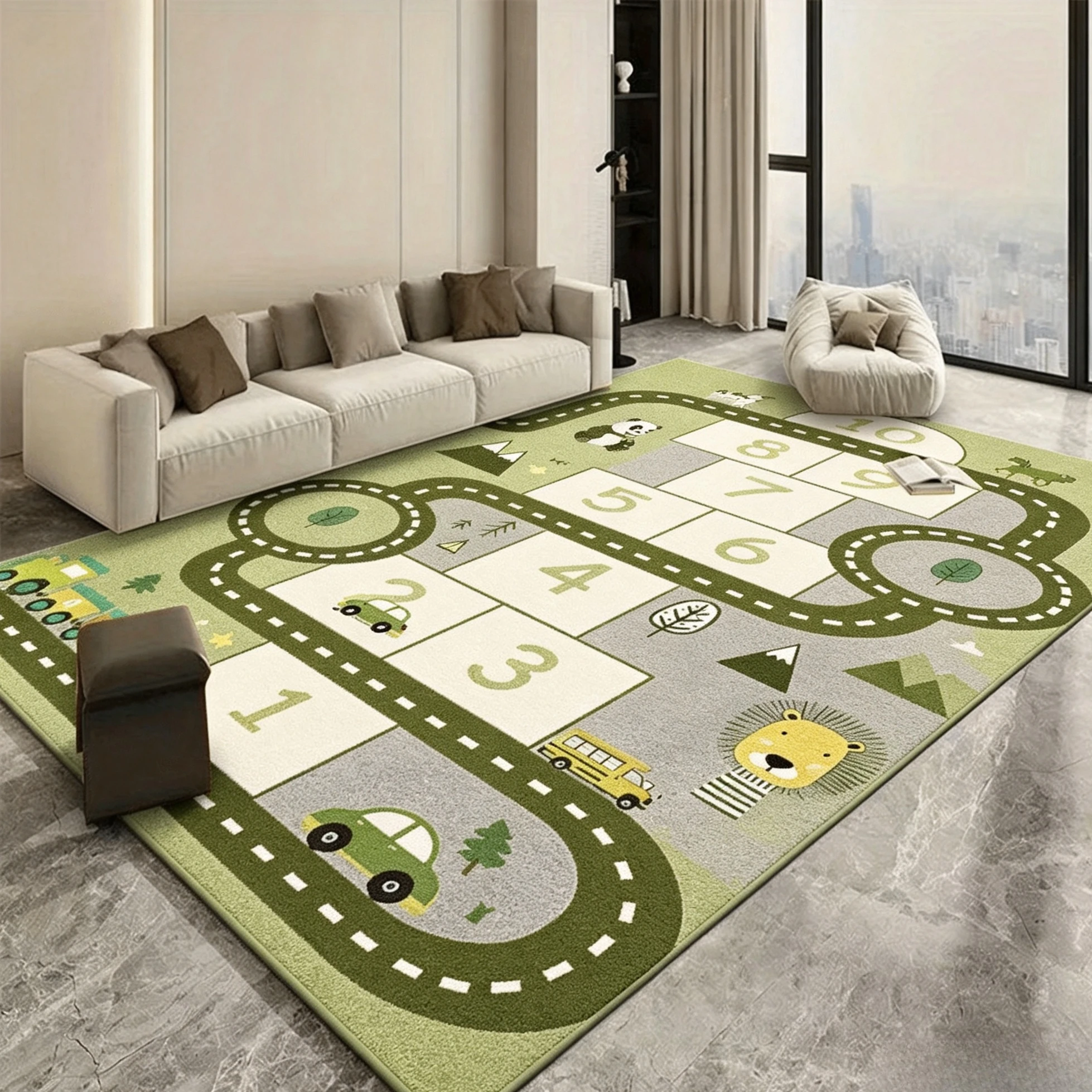 Traffic Road Printed Rug Animal Vehicle Number Pattern Non Slip Floor Carpet for Indoor Living Space Bedroom Study Home Interior