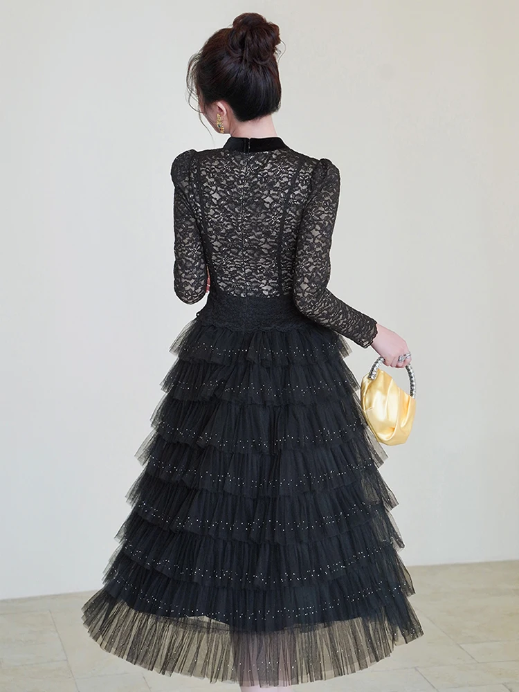 エレガントな甘いチュールケーキドレス女性の高級ブラックシアーレースダイヤモンドシングルブレストティアードフリルローブ宴会パーティー Vestidos
