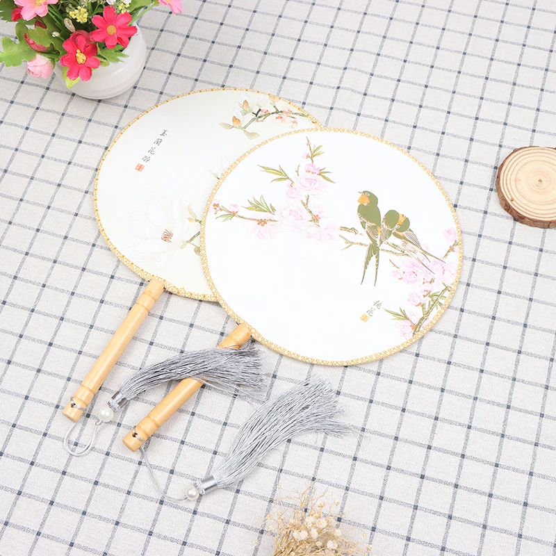 1Pc Landscape Flowers Pattern Chinese Style Printed Round Fan With Wooden Handle Portable Printed Vintage Fan