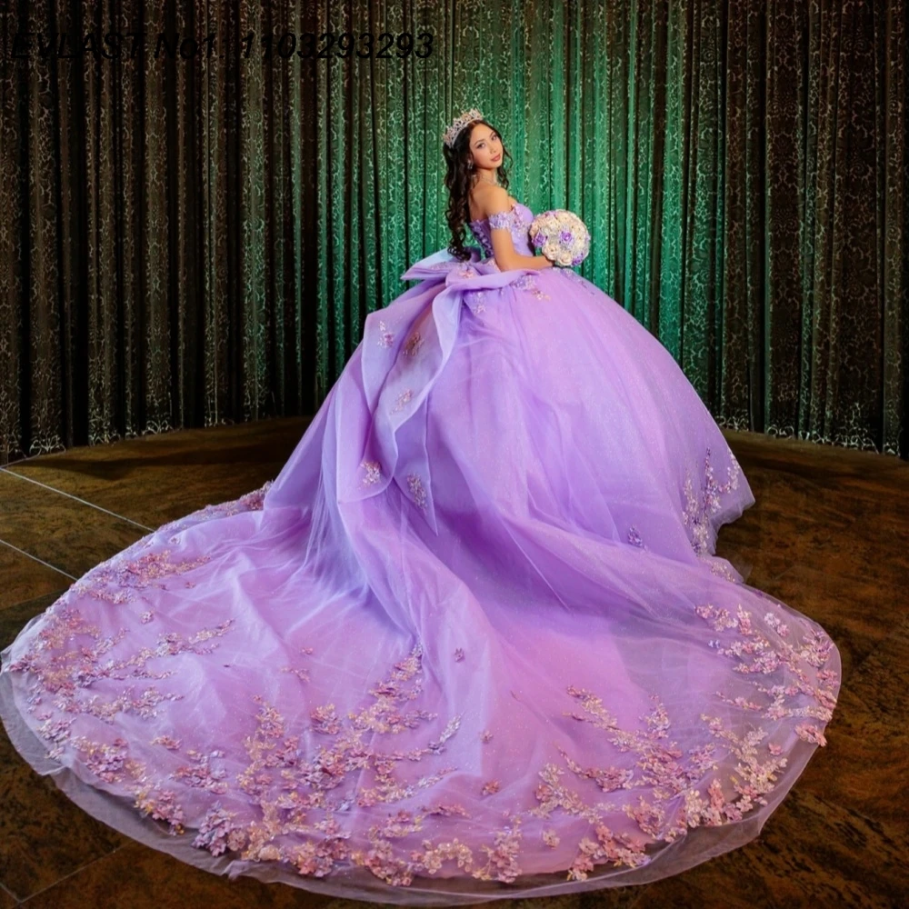 EVLAST Vestido de Quinceañera Personalizado con Diseño Floral Lila de Princesa, Vestido de Gala con Apliques de Encaje, Cuentas y Lazo, Vestidos de 15 Años AQ308