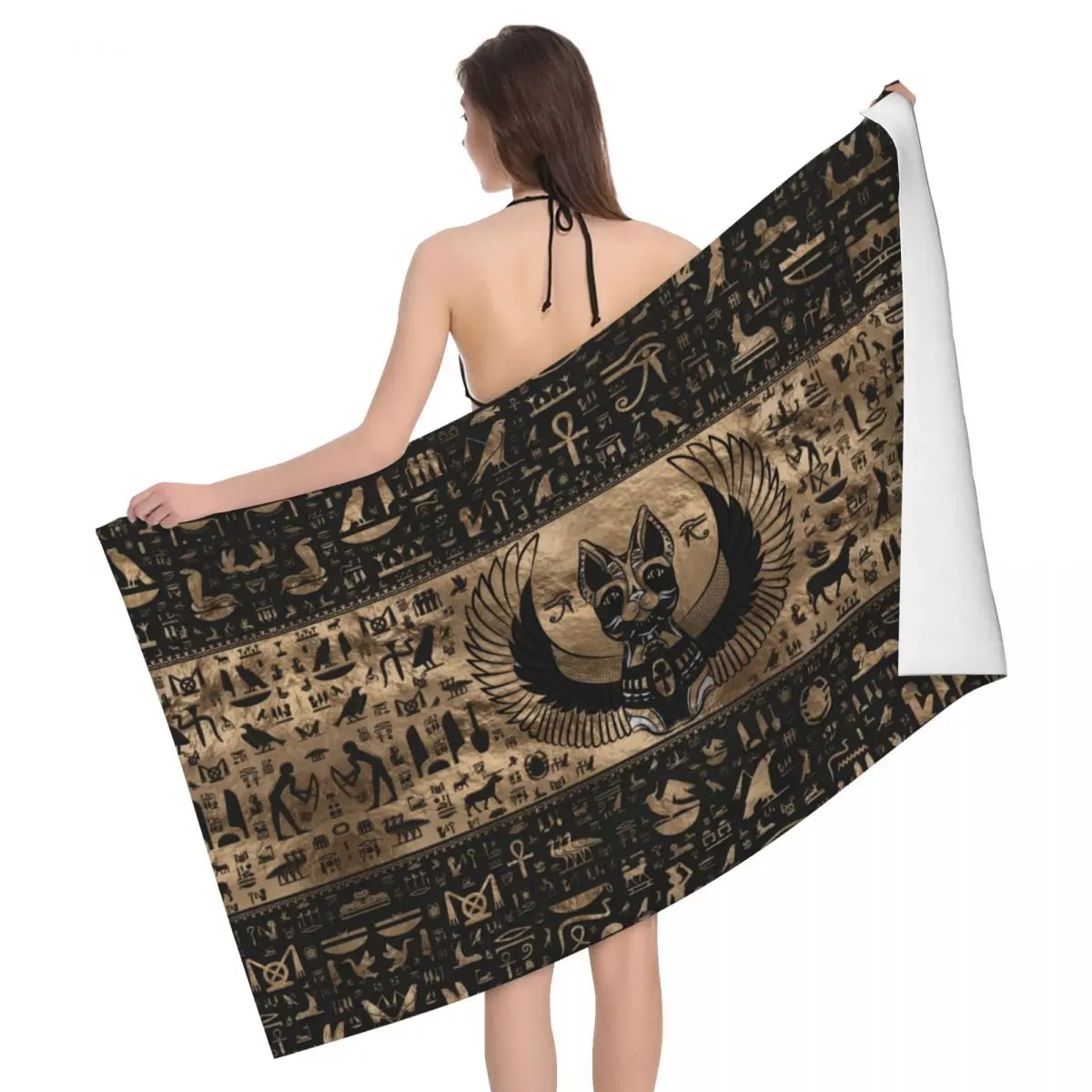 

Egypt Egyptian Cat Goddess Soft Linen Microfiber Bath Beach Towel Quick Dry Hieroglyphic Shower Pool Towels