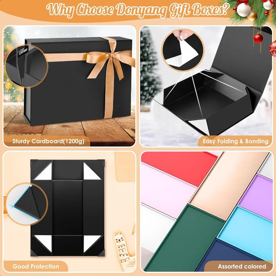 Geschenkbox 13 x 10 x 4 Zoll, große schwarze Geschenkbox mit Magnetdeckel für Geburtstagsgeschenke, enthält Kartenband, geschredderter Papierfüller