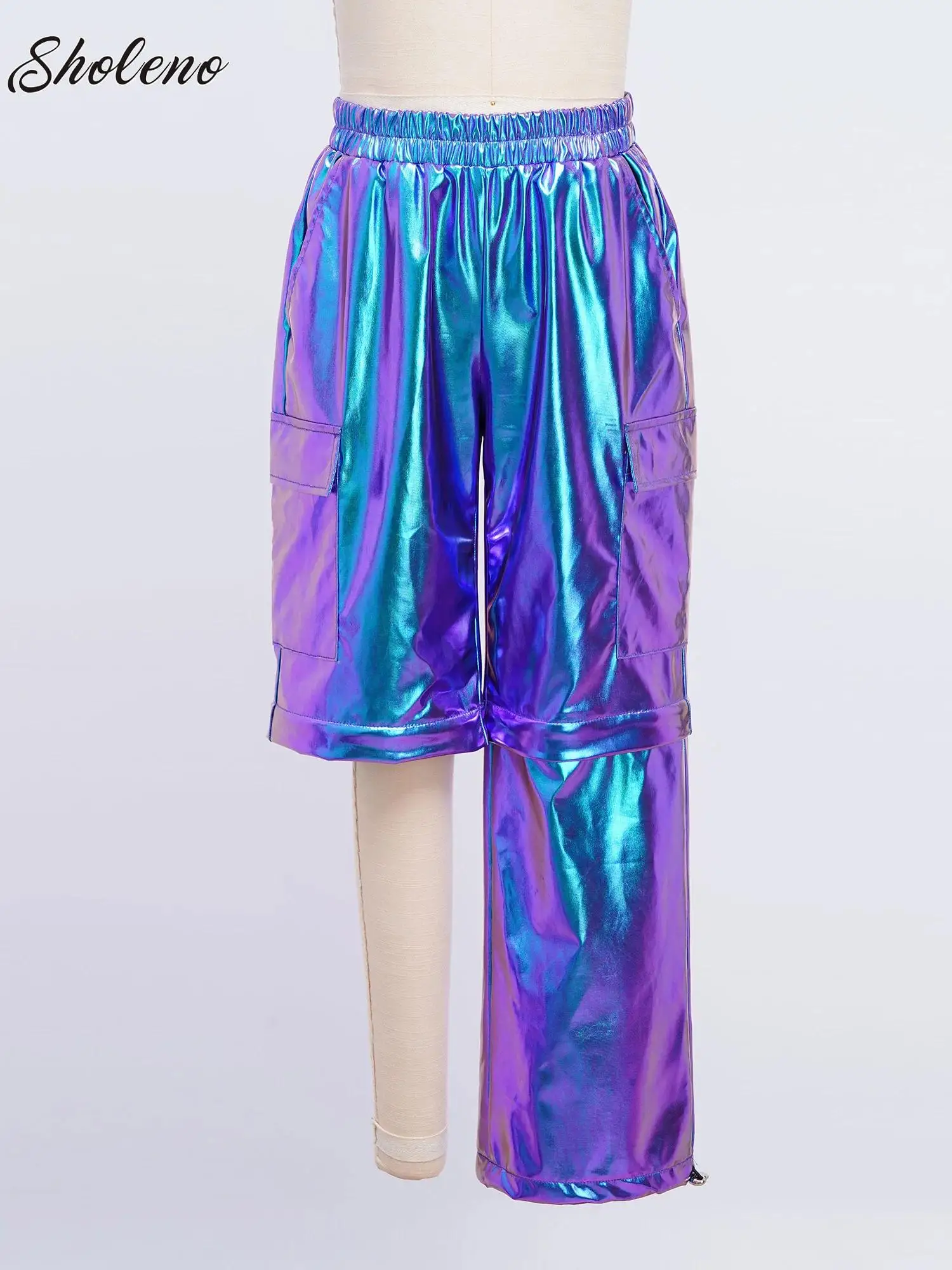 

Kids Boys Girls Metallic Shiny Cargo Pants Children Zip-Off Holographic Trousers Teens Hip-Hop Pants Street Jazz Dance Costume