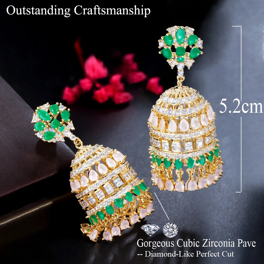 CWWZircons New Indian Trendy Round Shape Gold Plated Multicolor CZ Bell Long Earring for Women Luxury Dubai Bridal Jewelry CZ343