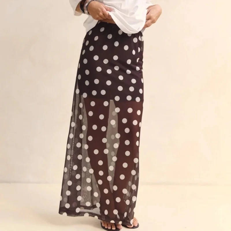 Y2K 페어리 코켓 스커트 드레스 여성용 맥시 스커트 시스루 로우라이즈 러플 폴카 도트 프린트 화이트 블랙 메쉬 시어 스커트