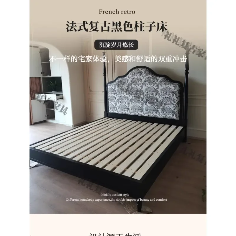 French solid wood  master bedroom double high back Roman pillar  black soft bag 1.8 meters princess bed