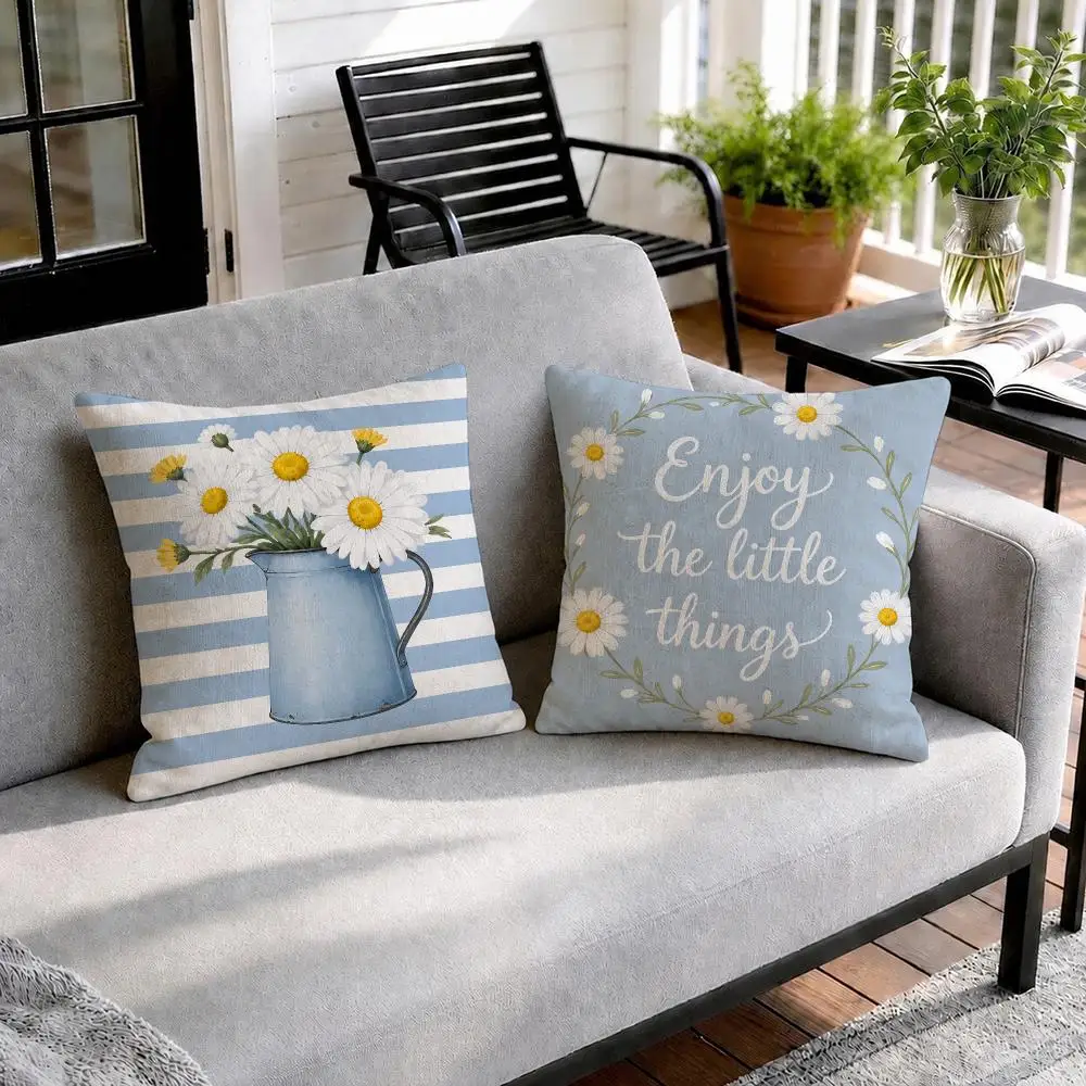 Blue Daisy Bicycle Cushion Cover Natural Linen Organic Fabric Double-Sided Printing Sofa Home Decor Gift Pillow Cover