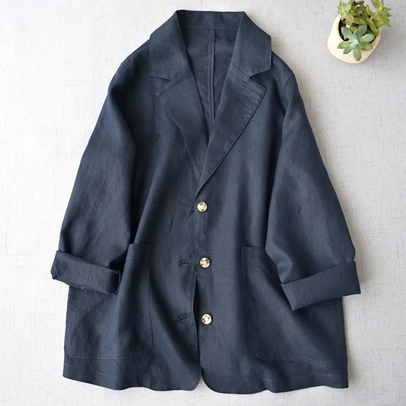 2024 New Arrival Spring Autumn Women Loose Fit Casual Long Sleeve Single Breasted Notched Collar Cotton Linen Coats P17