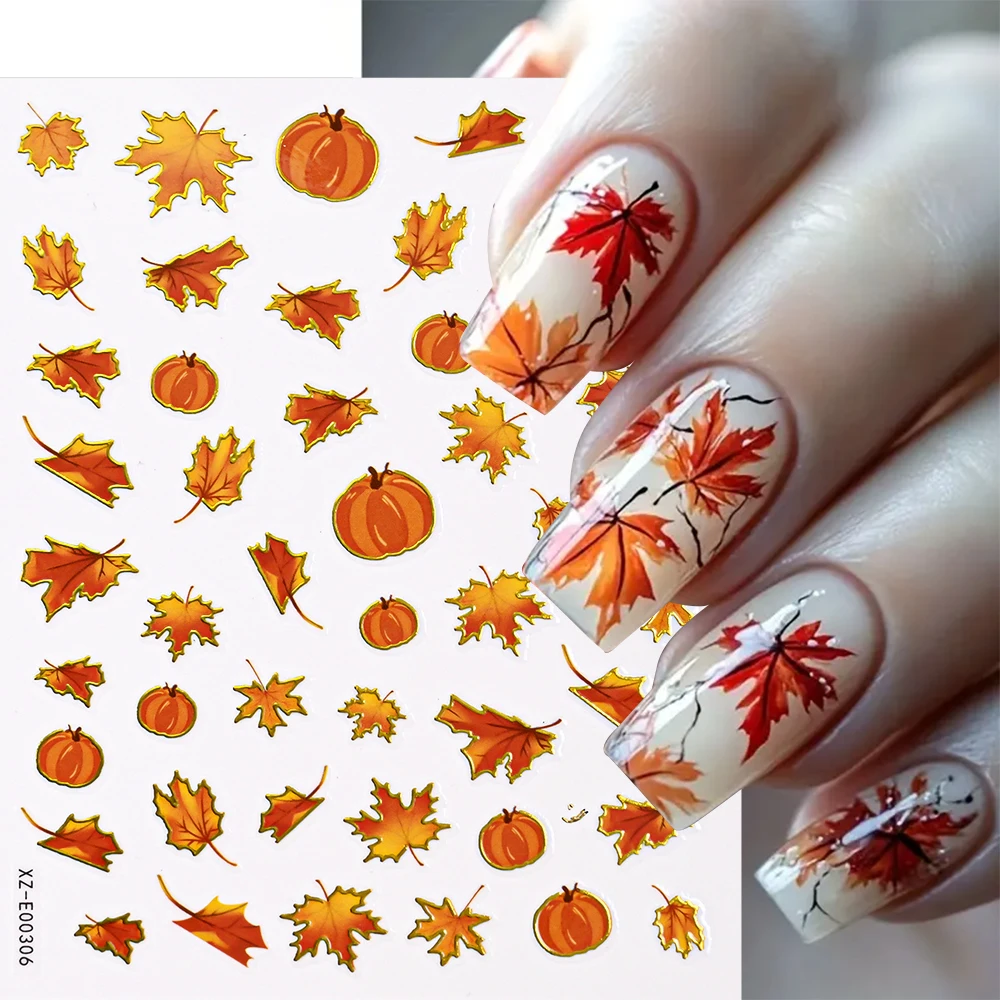 1pcs 3D Gold Metallic Line Pumpkin Maple Leaves Nail Sticker Autumn Leaf Fox Glitter Decals Nail Art 8*10cm Fallen Leaves Decals