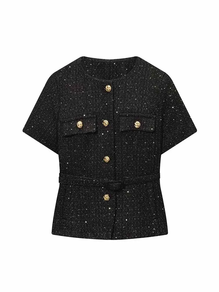 

Новая летняя женская повседневная и элегантная простая утягивающая куртка с круглым вырезом и короткими рукавами в европейском и американском стиле с поясом