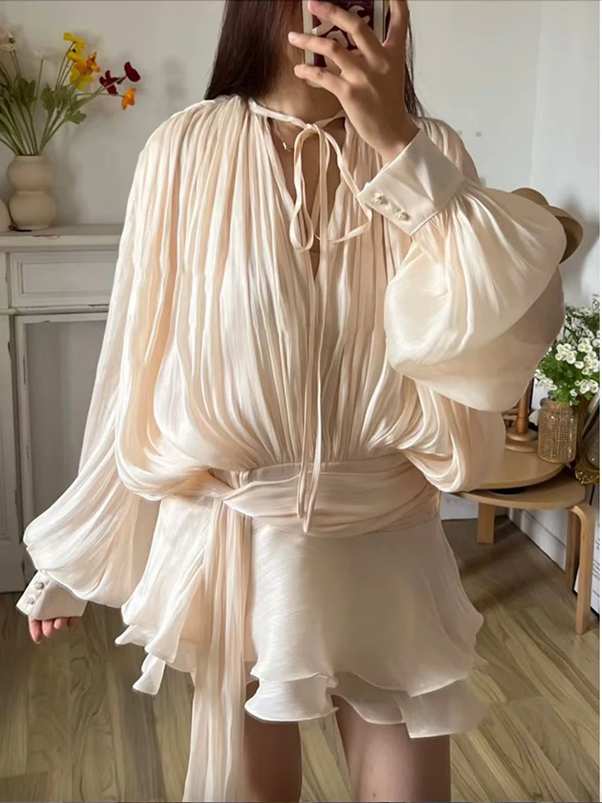 

Women Chiffon Long Sleeve Shimmering Organza Drop Waist Wedding Guest Dresses Ruffle Summer Mini Dress Brunch Outfits