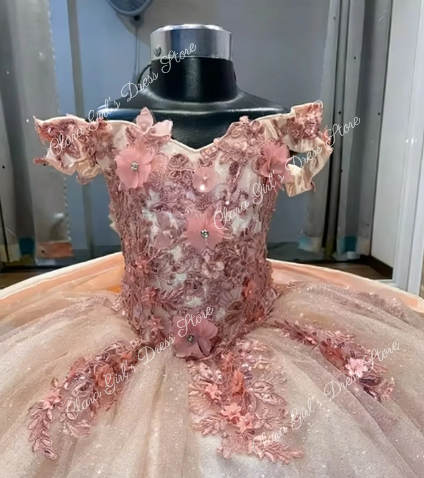 Kwaliteit licht champagne bloem meisjesjurk tule pluizig met applique voor trouwjurken kinderverjaardag avondjurken