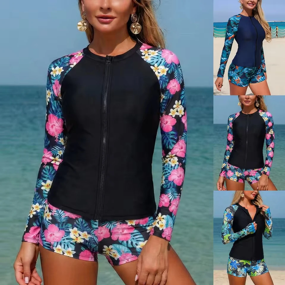 

Sexy Zip Push Up Two Piece Swimsuits Women High Waisted Bikini Sets Swimming Costume Women Long Sleeve Holiday Bathing Suit