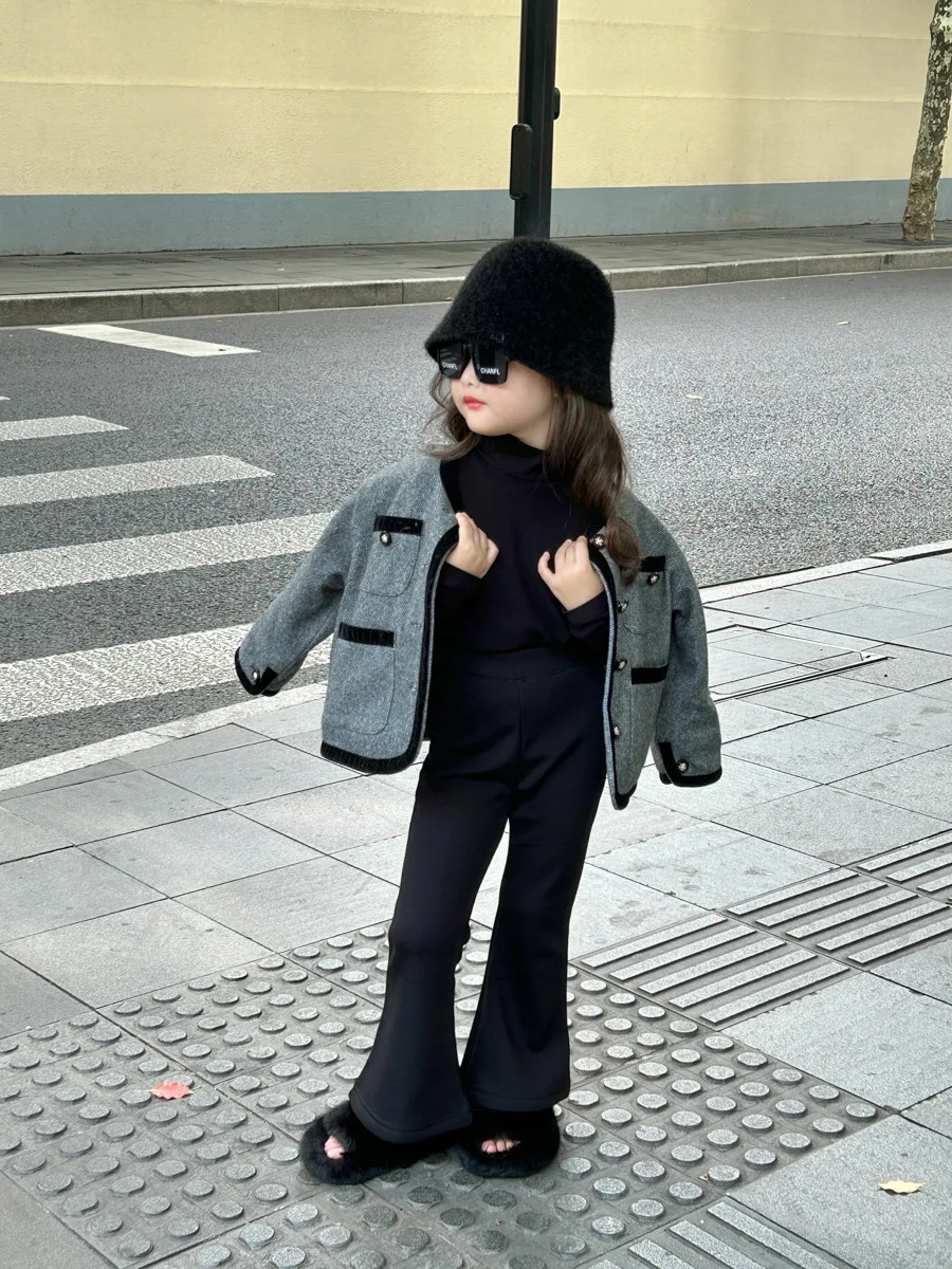 Girls Pants Childrens Black Micro Flare Pants Autumn Fashion Simple 2023 Girls Fall New Casual Fleece All-match Long Pants