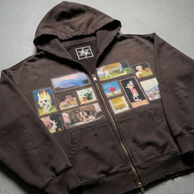 Y2K Retro Brown Washed Hoodie Pixel Paint Print Gallery Zipper Sweatshirt Trendy Distressed Streetwear Unisex Oversize Clothing