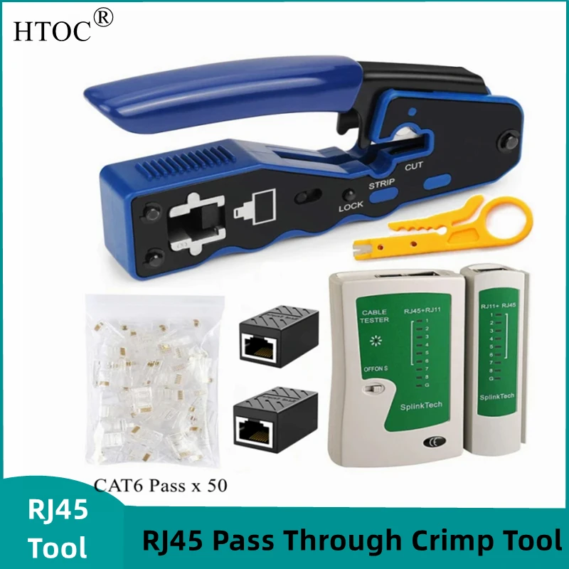 HTOC RJ45 Pass Through Crimp Tool Network Cable Tester 50PCS CAT6 Pass Connectors Mini Wire Stripper RJ45 Coupler For CAT5 CAT6