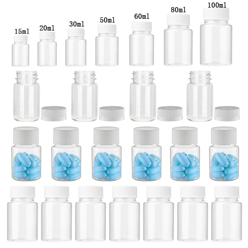 Botellas de plástico transparente para pastillas de PET, 10 Uds., 15/20/30/50/100ml, contenedores de almacenamiento de medicina, dispensador de líquido en polvo con tapa de sellos blancos