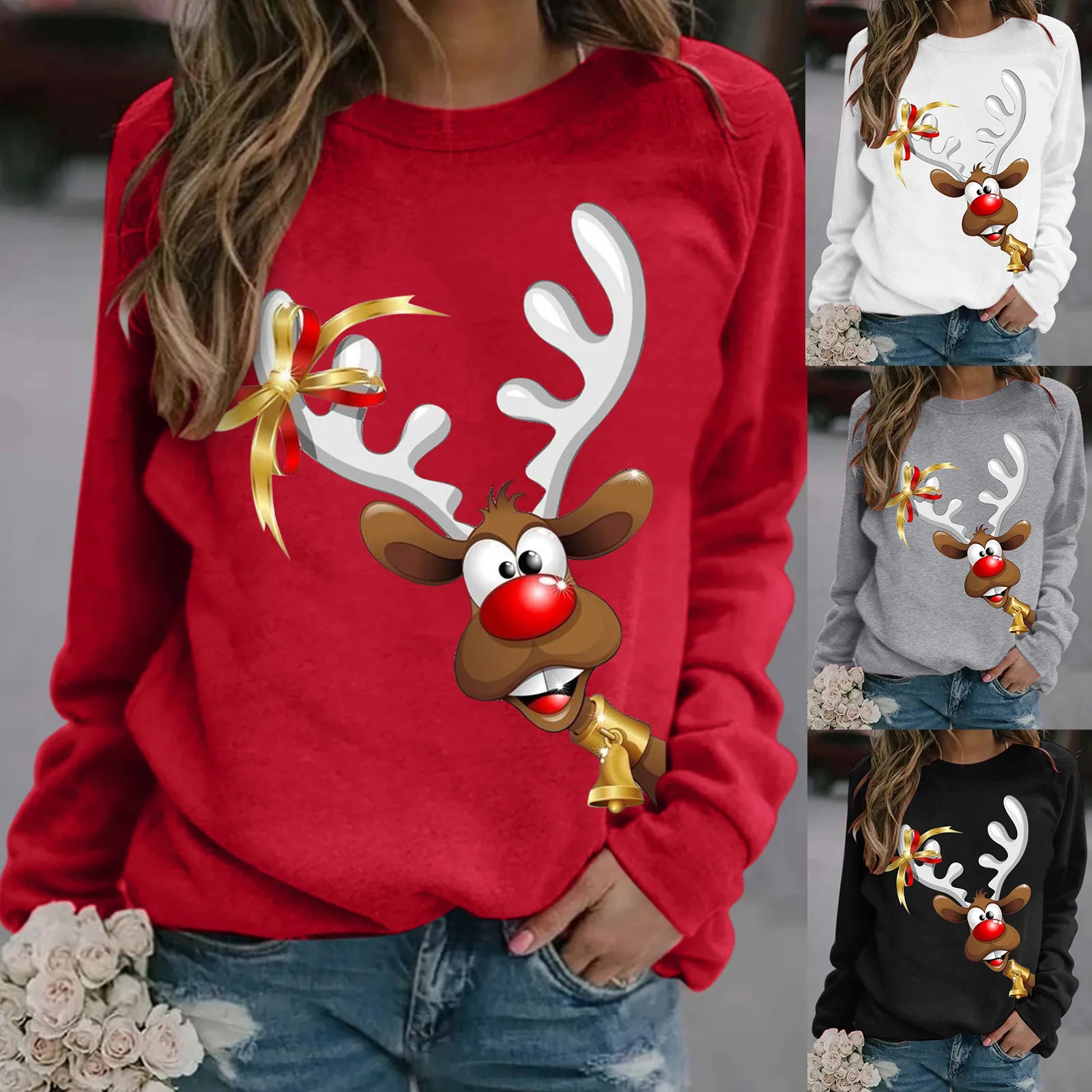 

Foam Women's Long Sleeve Sweatshirt Printed Top Casual Pullover Christmas Womens Snap Front Sweatshirt