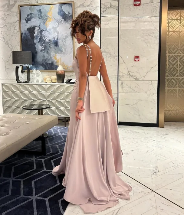 High Quality Customized Floor Length Strapless Beaded Backless Pleat Sleeveless Pink Robe Pour Mariage Invité Dress for Women