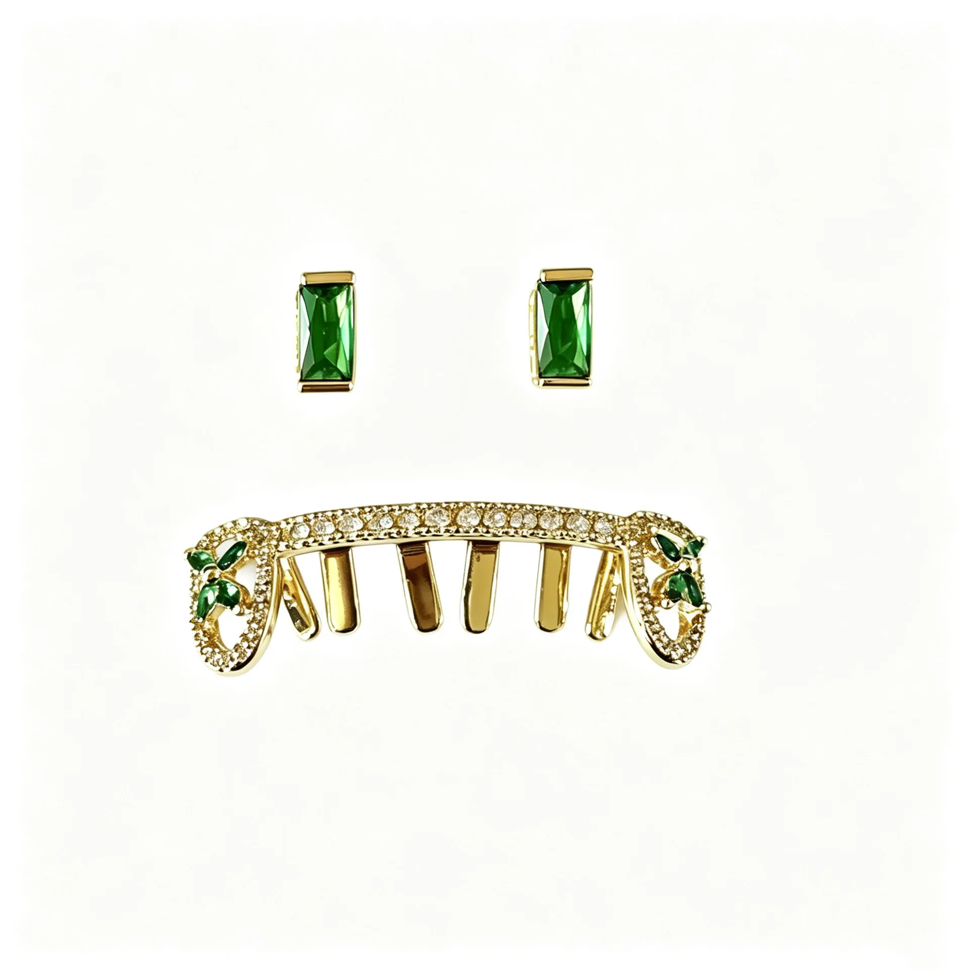 Iced Out Grillz Set Teeth Jewelry Angel Wing Heart Design Green CZ Tooth Hip Hop Bling Mouth Jewelry Streetwear Accessories