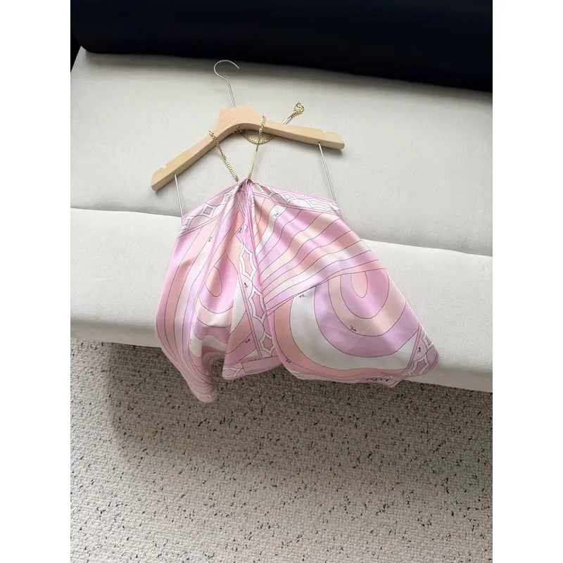 Women's Sexy and Flirty Vacation Iris-Print Halter Top with Chain Straps—Silk Spaghetti-Strap Sexy Top