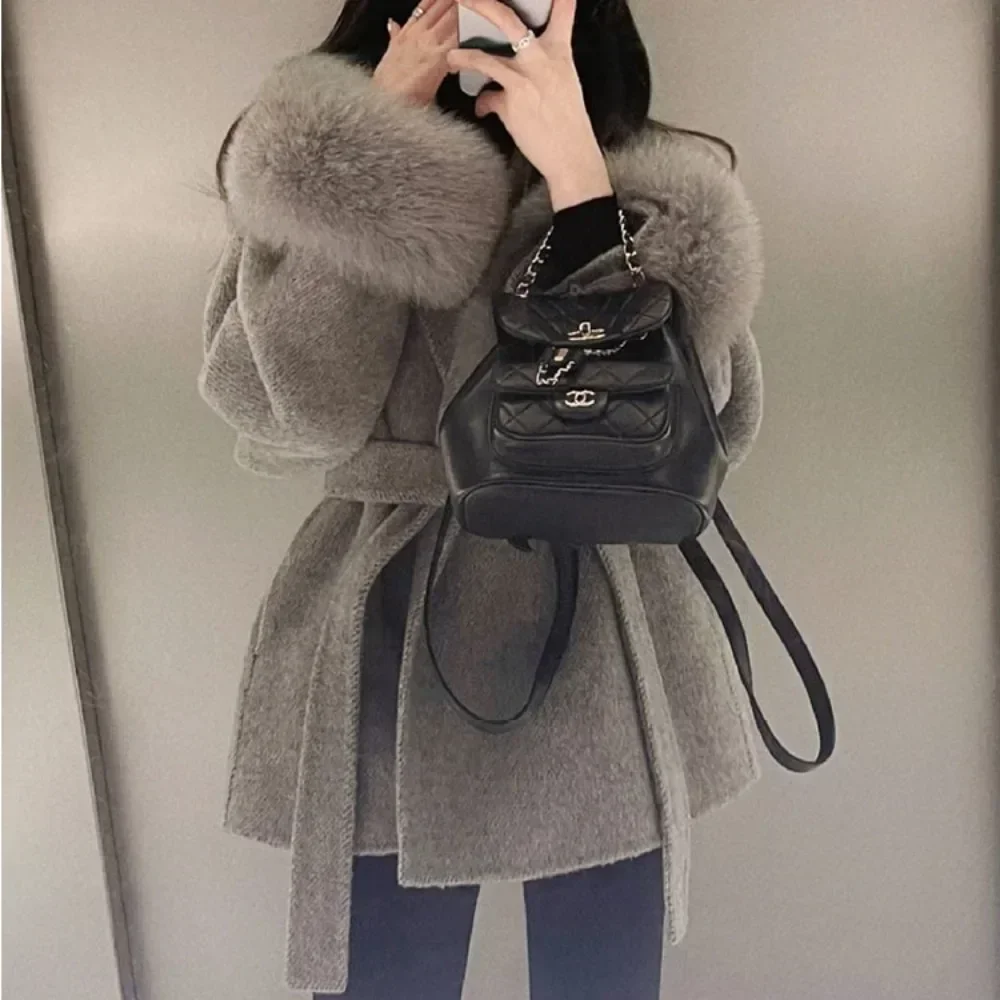 High End Double-sided Wool Strapping Real Wool Fur Coat Women's Removable Cuffs Fox Fur Temperament Cashmere Short Jacket 2024