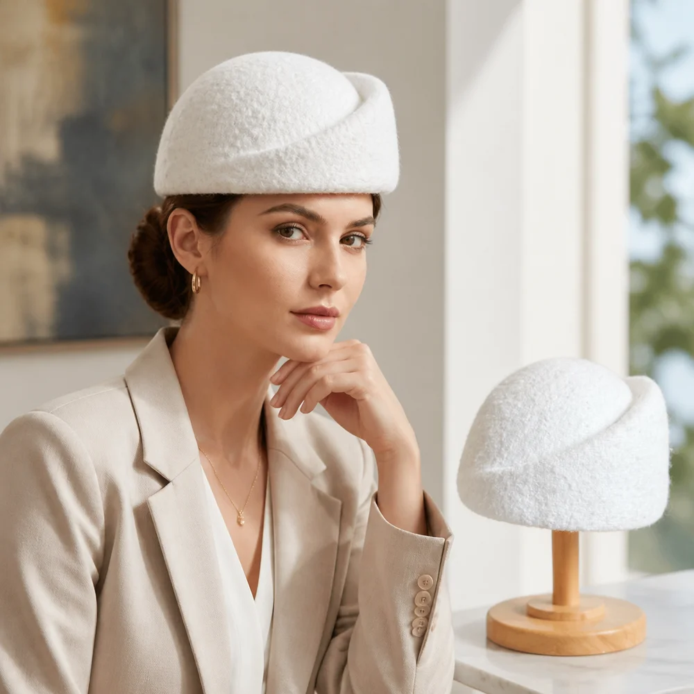 Elegant Wool Blend Pillbox Hat Teardrop Hepburn Silhouette Painter Beret Foldable Brimless Top Hat Flight Attendant Uniform
