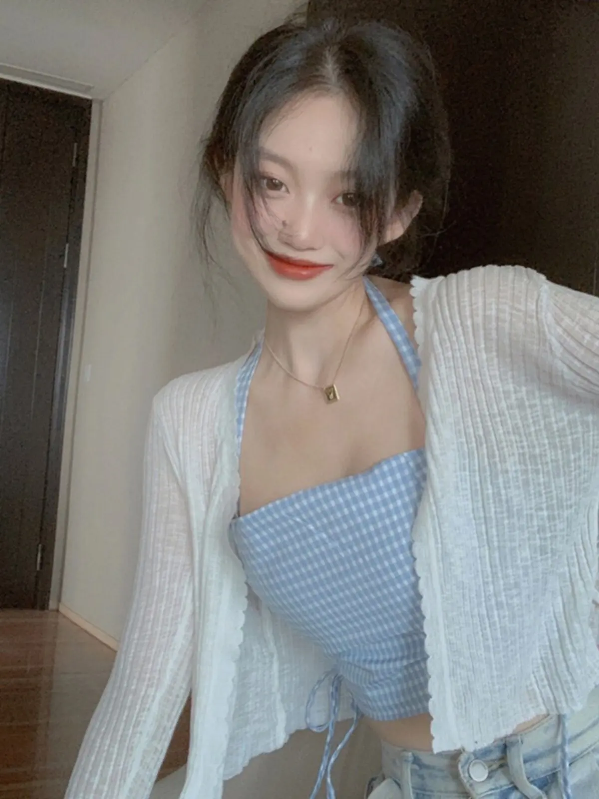 

White Knitted Sun Protection Cardigan Thin Outerwear Shawl Cover up Women's Veil Early Spring with Strap Long Skirt Top