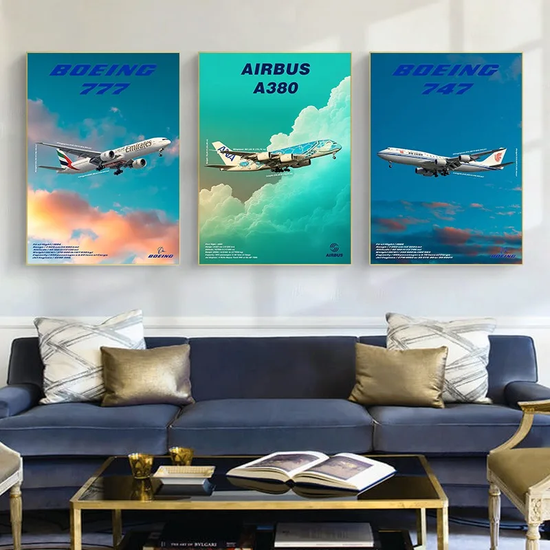 Vintage Aviation Canvas Wall Art Boeing-747/777 Airbus A380 Print Emirates Aircraft Modern Decor for Living Room Office Man Cave