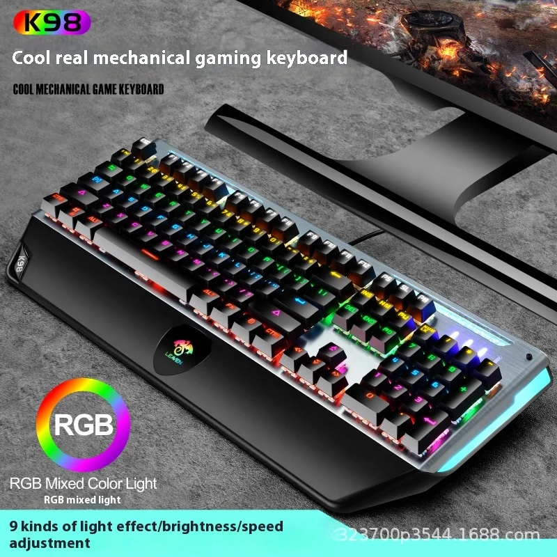 

Leaven Metal Mechanical Keyboard Wired Multi-Function Button Rainbow RGB Backlit USB Keyboard Gaming Desktop Pc With Bracket