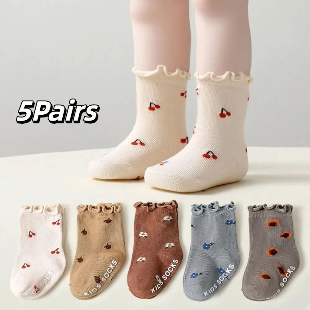 

5Pairs Soft Flower Baby Cotton Socks Pleated Breathable Toddle Short Tube Socks Cute Autumn Spring Kids Cartoon Socks Newborn