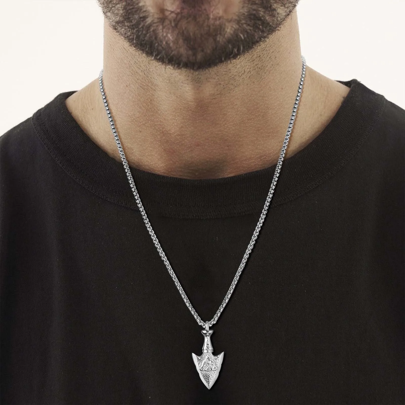 Rock Punk Hammered Arrow Head Necklaces for Men Gifts Jewelry, Nordic Viking Celtic Knot Amulet Pendant with Box Chain