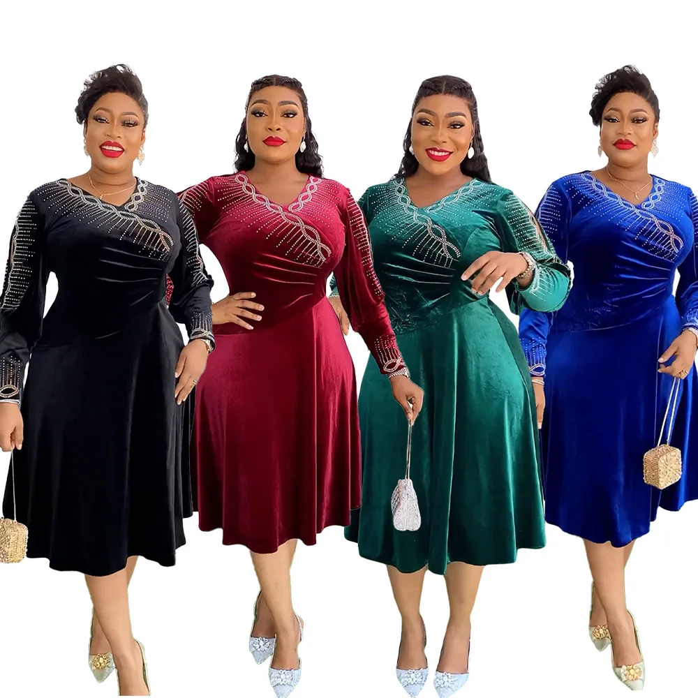 African Wedding Party Dresses for Women 2024 Spring Elegant African 3/4 Sleeve Velvet V-neck Dress Dashiki Africa Clothing L-3XL