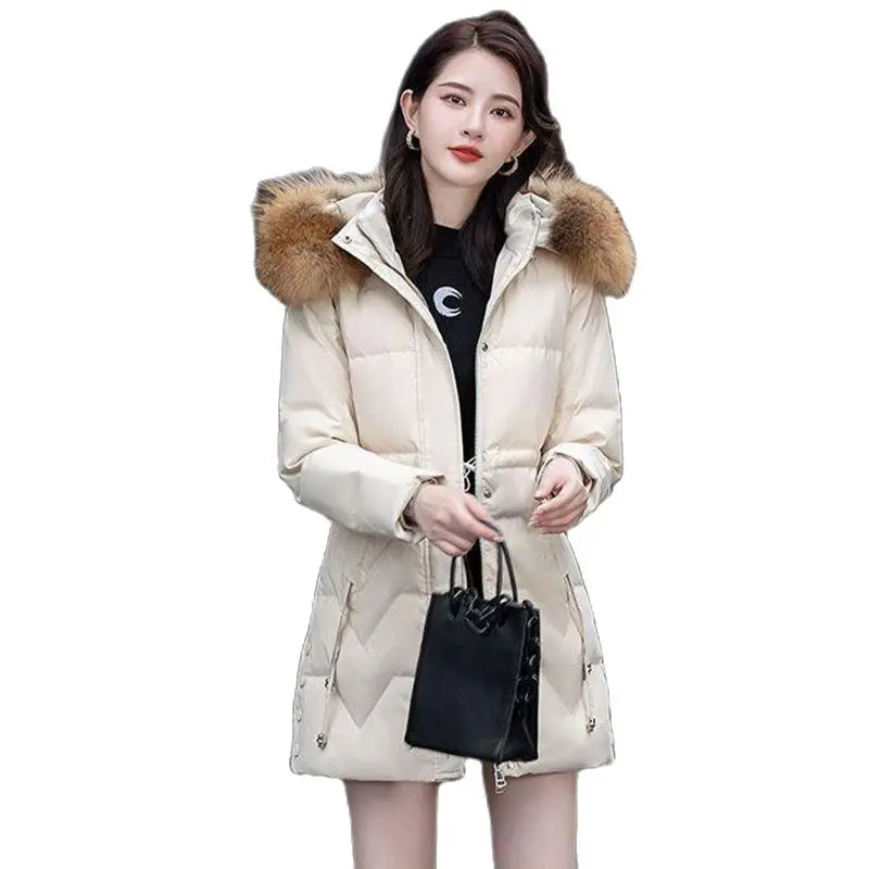 

Fashion Long Down Women's Winter New Slim Hooded White Duck Down Real Fur Collar Women's High-end Temperament Warm Coat