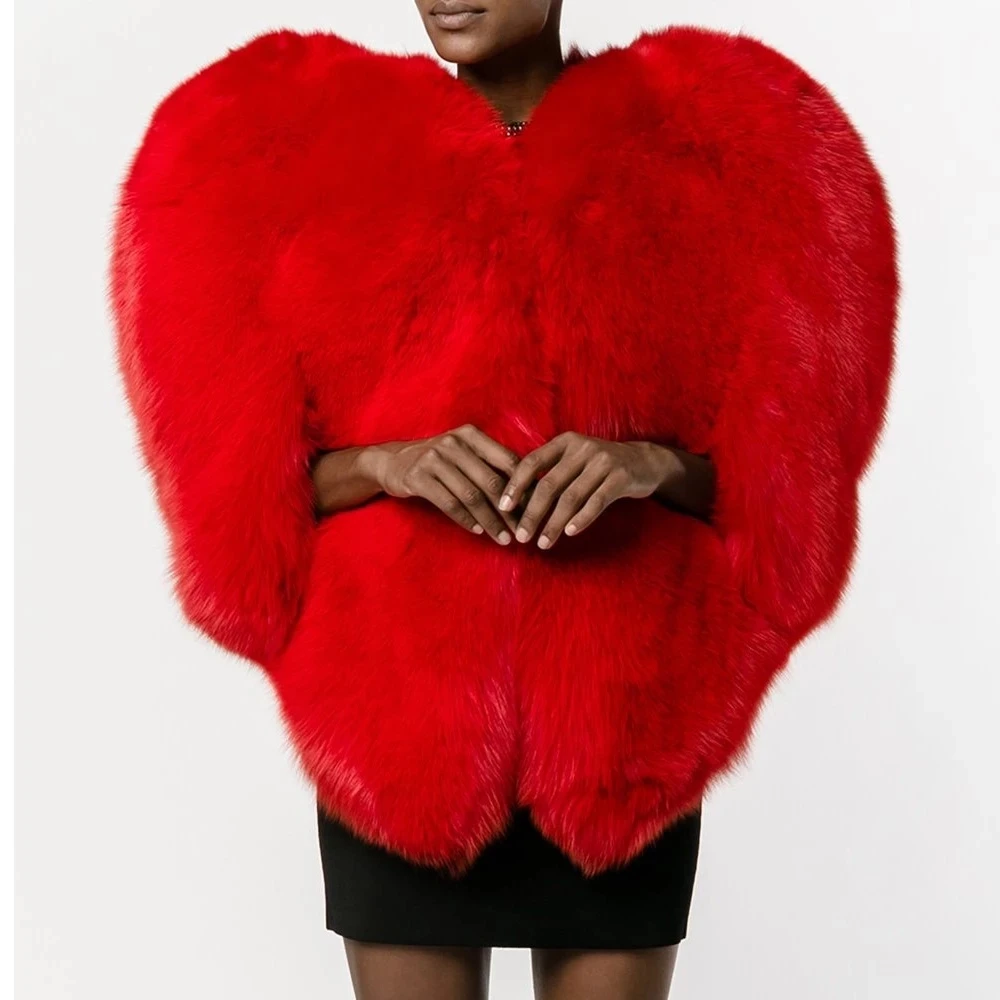 Stylish 3D Red Love Heart Shaped Cape Faux Fox Fur Thick Warm Celebrity Women Long Hairy Shaggy Coat Jacket Outerwear Winter Top