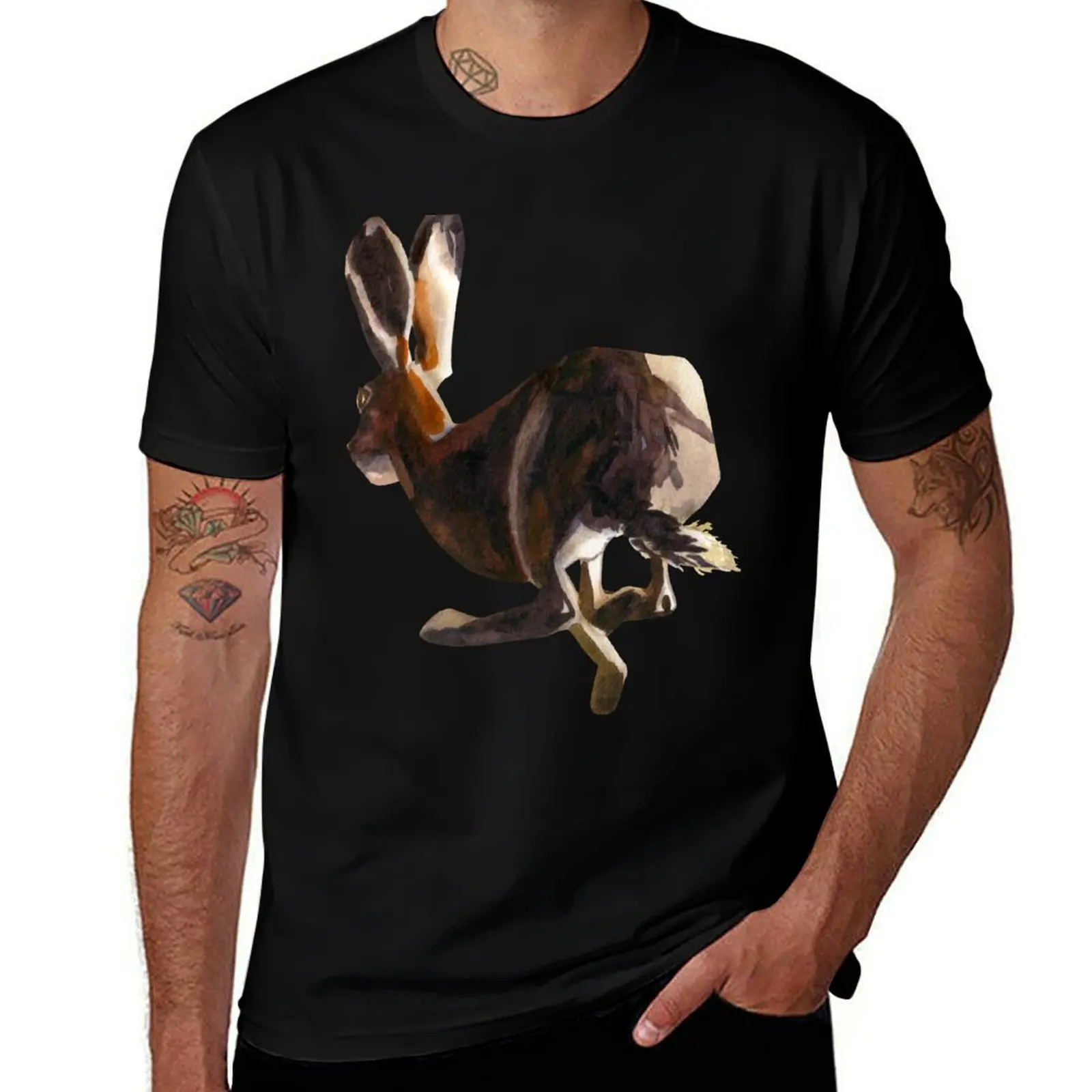 

scared running Irish hare painted with watercolor -Watercolor Wildlife art - long ears T-Shirt t shirt man luxury T-Shirt