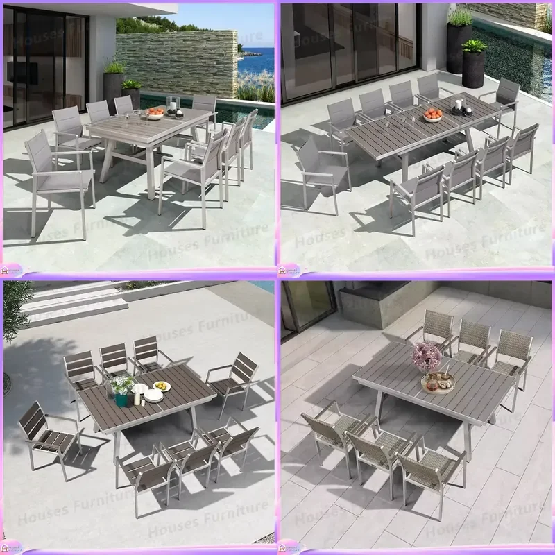 Outdoor Patio Furniture Set Retractable Plastic Wood Dining Table and Chairs Garden Villa Leisure Deck Balcony Weatherproof