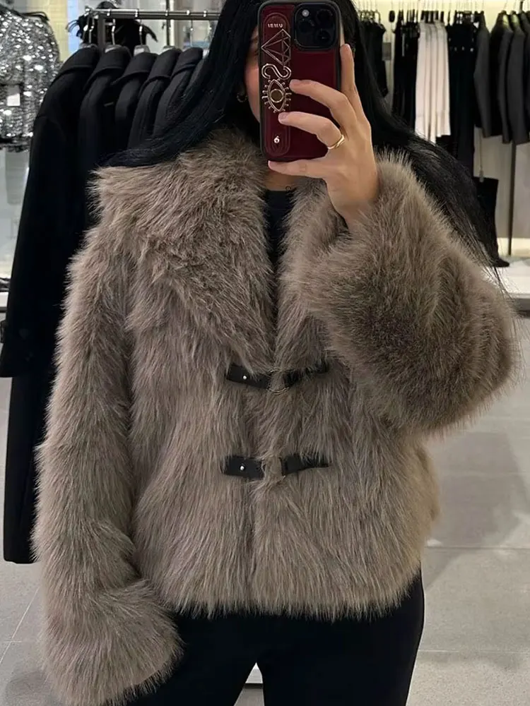 HH 2024 Woman Winter Turn-Down Collar Long Sleeve Warm Loose Outerwear Women Short Faux Fur Jackets Casual Coat Mujer
