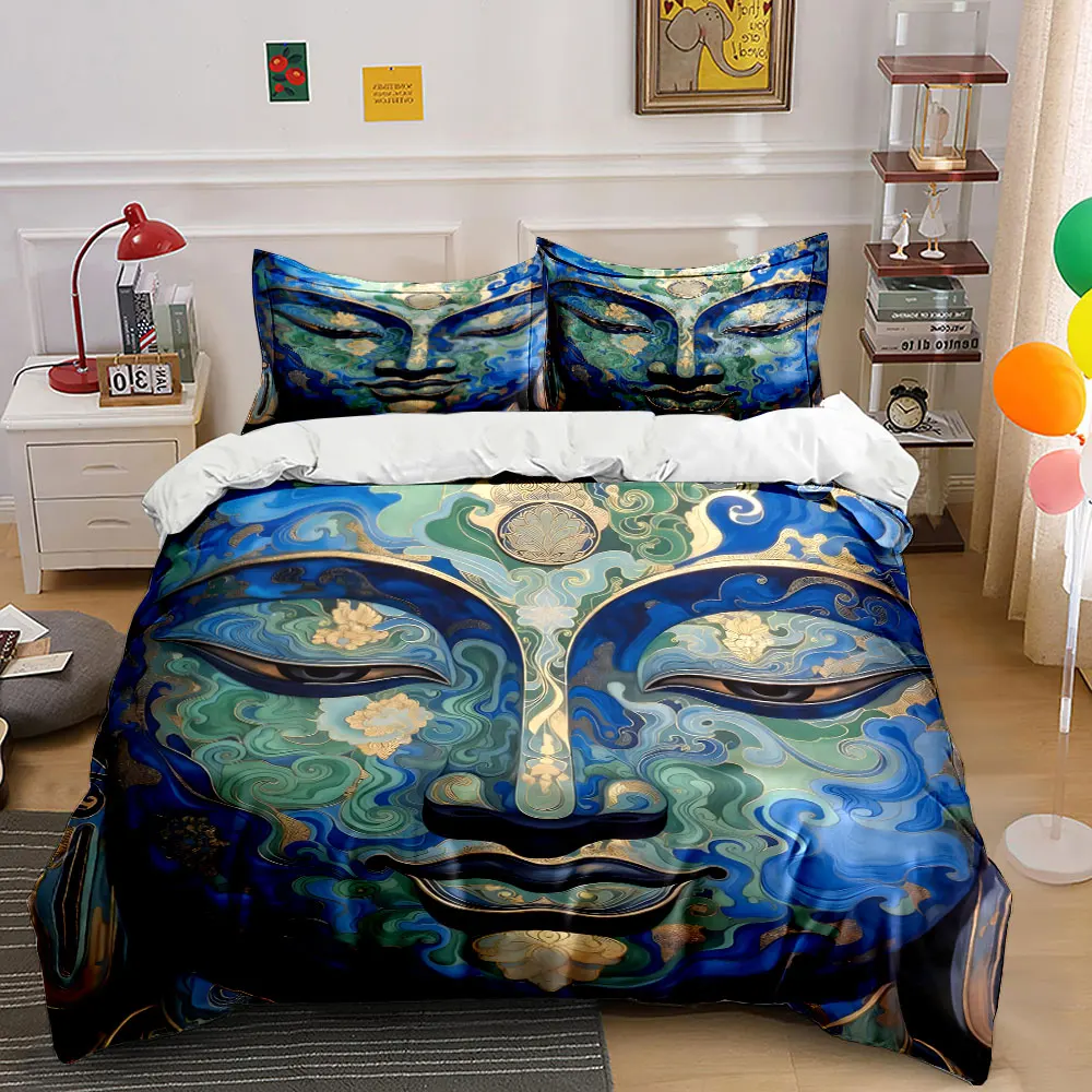 

Ornate Buddha Face with Blue-Green Gold Pattern Duvet Cover Set Digital Print Colorful Polyester Bedding with Zipper Closur