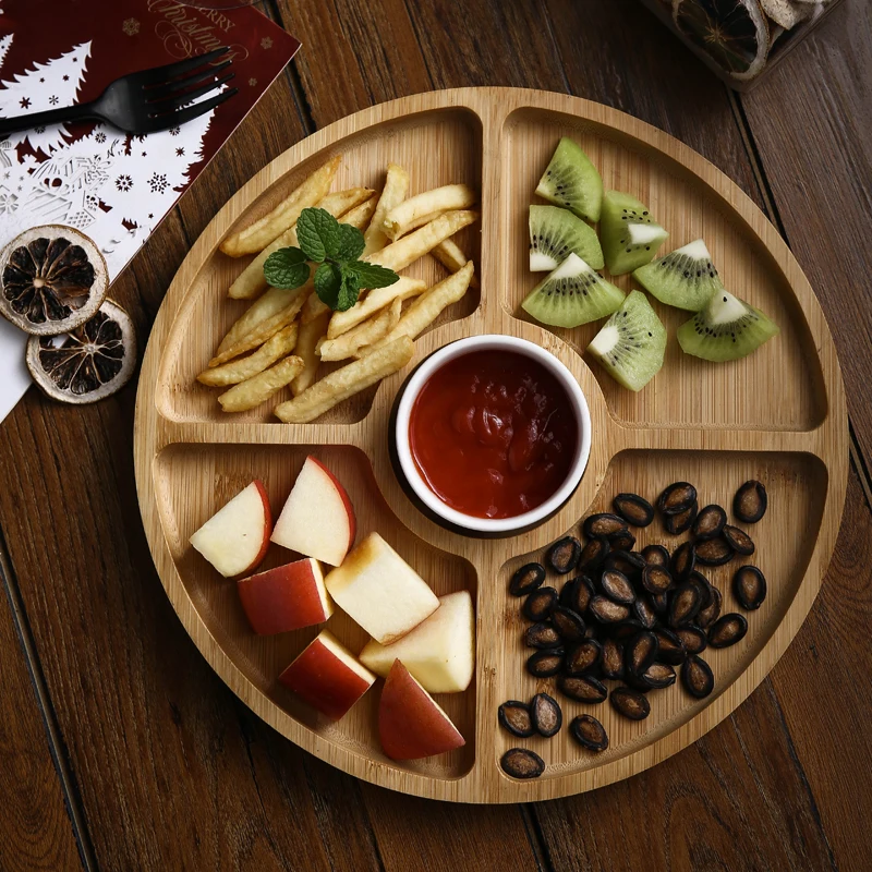 Bamboo and wood fruit plate grid dried fruit nut plate Nordic melon seed snack storage box