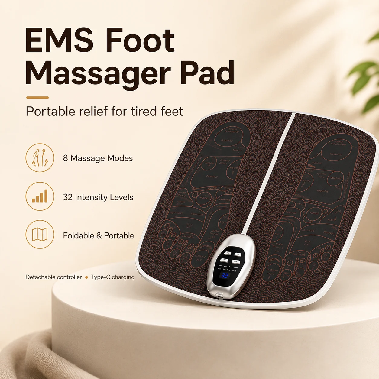 EMS Foot Massage Pads, Pulse Foot Massagers, Microcurrent Foot Massagers with 8 Modes and 32 Intensity Levels, Relieve Fatigue