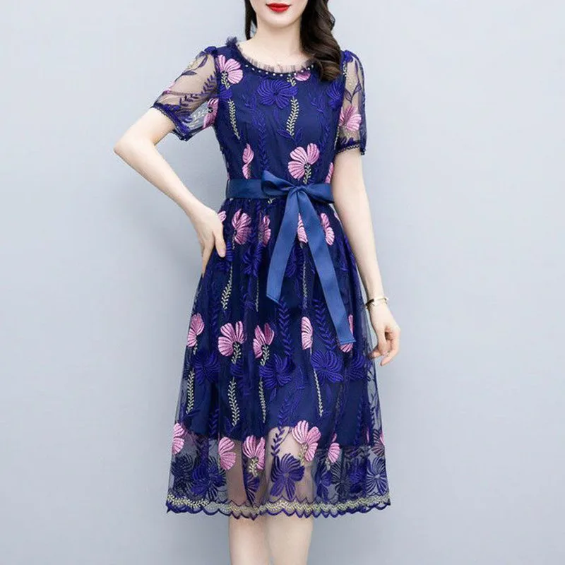 

Elegant Organza Embroidery Women Summer Short Sleeve Dress 2023 New Fashion Oversize Lace Beads O-Neck Belt Slim A-Line Dresses