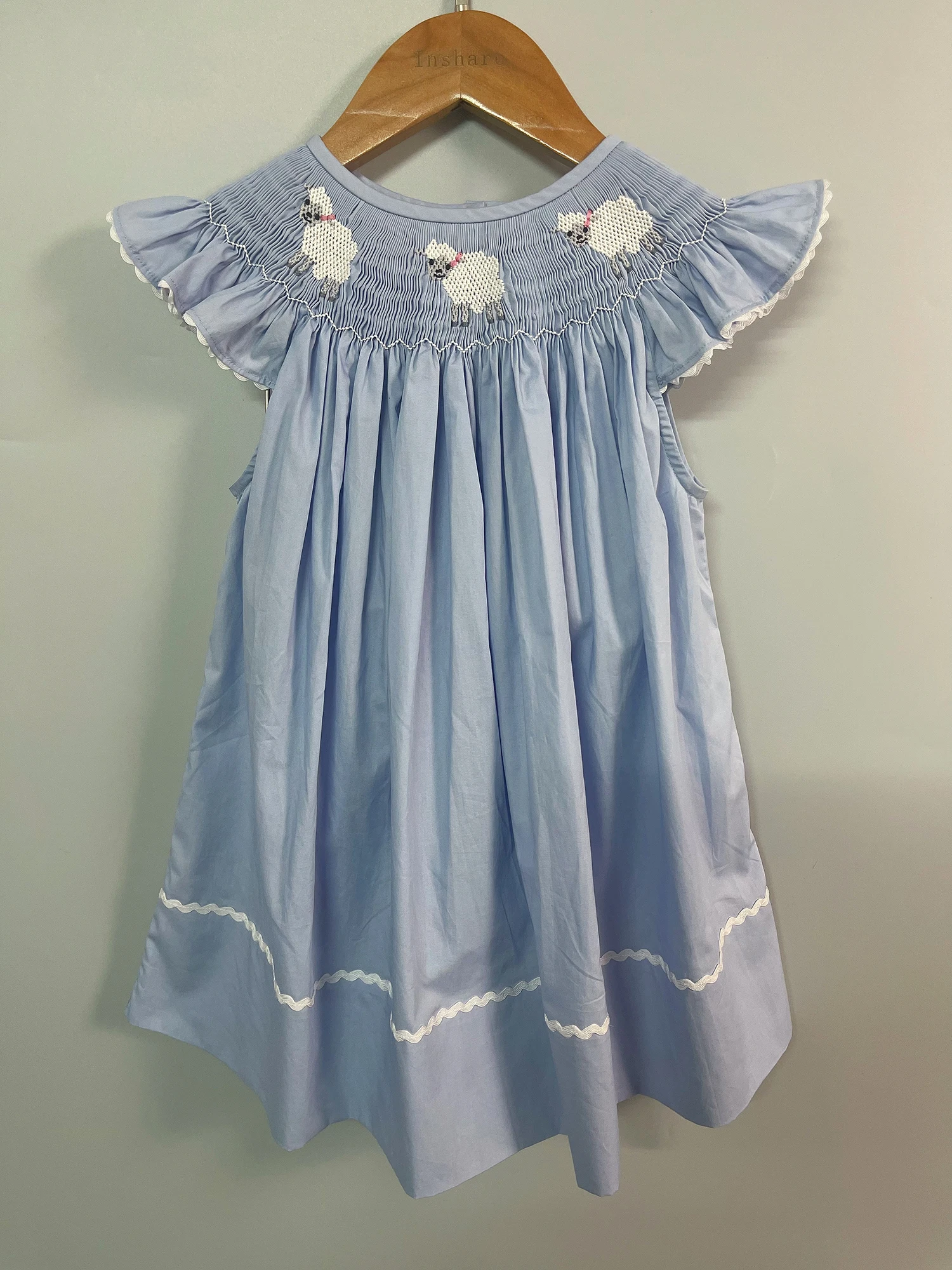 Children Boutique Clothing Summer Girls Flying Sleeves Handmade Smoked Bubble Blue Romper Sheep Embroidered Cute Siblings Outfit