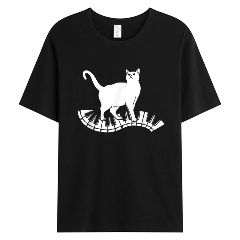 

Funny Piano Music Cat Design Men Women Tees Cat Piano Lovers Men's Cotton Fabric Casual Holiday O-neck T-shirt Black Top