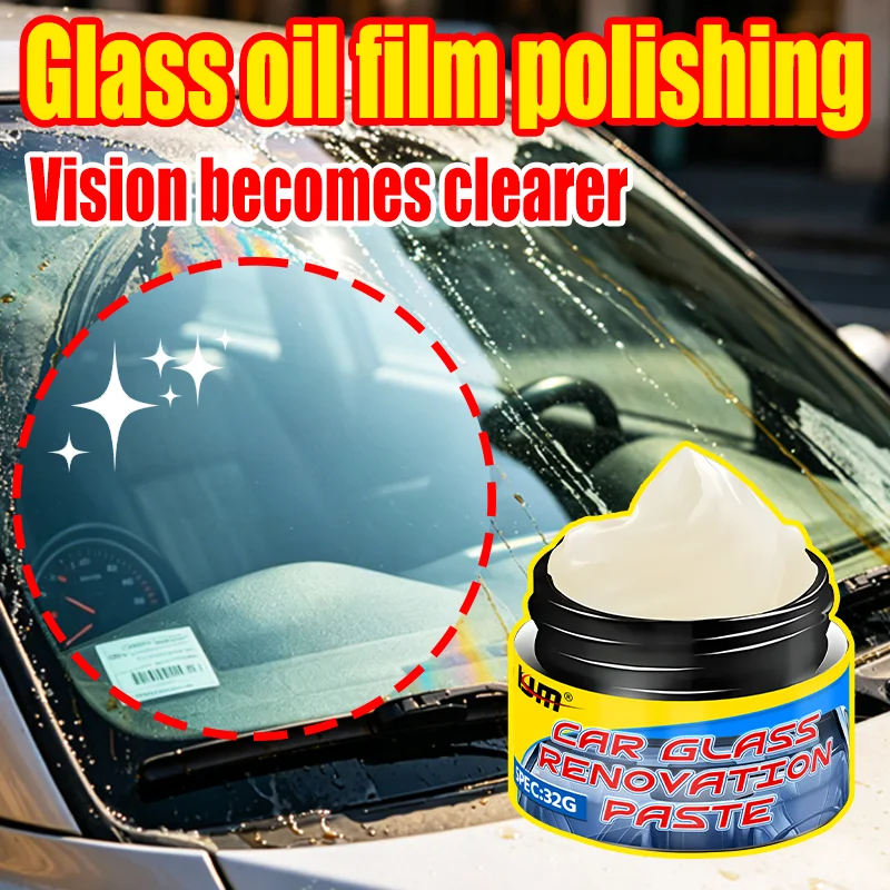KJM Car Glass Renovation Paste Oil Film Remover Glass Polishing Paste for Windshield, Windows & Mirrors 32G