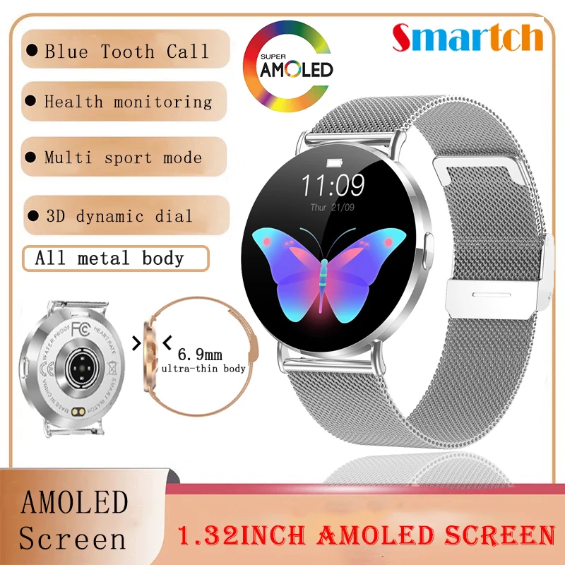 

AMOLED-экран для женщин, Bluetooth-вызов, 3D динамический циферблат, умные часы с синим зубом, пульсометр, спортивные женские водонепроницаемые умные часы