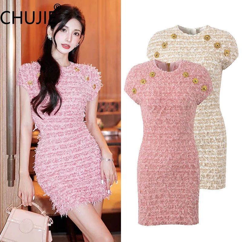 

Elegant Metal Buckle Dress - Slim Fit Sleeveless - Socialite Cocktail Style - Viscose Blend - Spring Summer