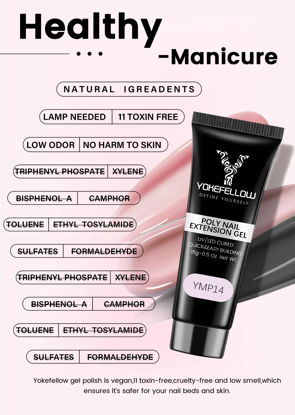 YOKEFELLOW ポリネイルジェルビルダー ネイルエクステンション用 ネイル強化剤 ピンクポリジェル トレンドネイルアートデザイン 3Dネイルモルダー用