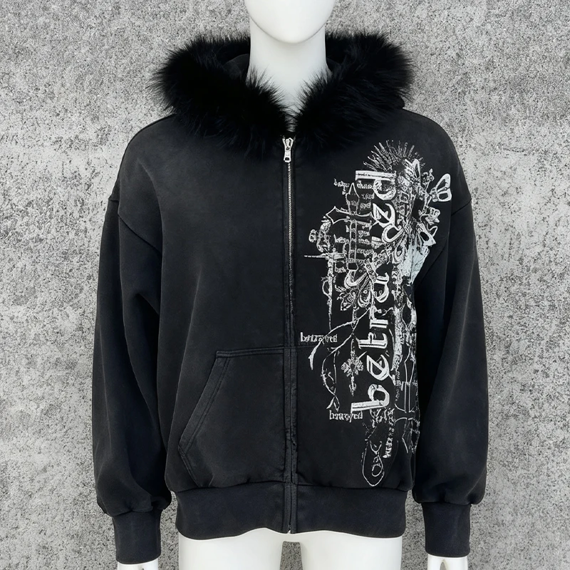 Y2k Felpa con cappuccio versatile con cerniera vintage gotico High Street Fashion Autunno e inverno Comode felpe versatili per uomo e donna emo