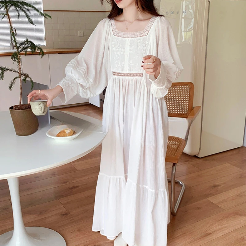 Fairy White Long Night Dress Spring Autumn Robe Cotton Nightdress Princess Sleepwear Nightwear Vintage Square Collar Nightgown